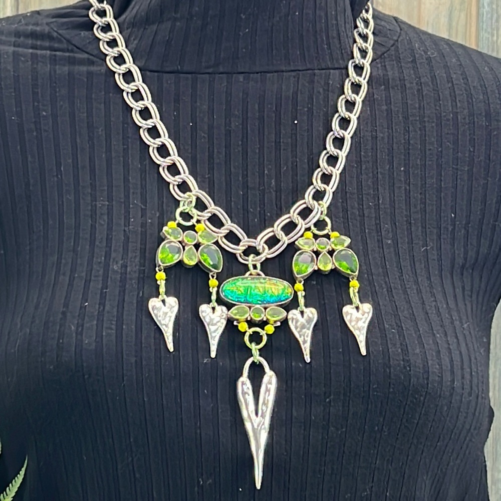 👑Adorned Crown necklace peridot hammered heart dichroic glass assemblage